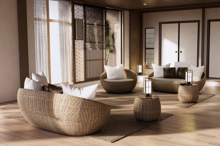 Premium Photo  Stylish living room interior design with mock up poster  frames rattan armchair coffe table beige carpet and creative home accessories  sage green wall template