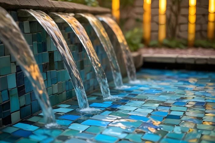 Multi-stream waterfall emptying into a pool lined with irregularly sized square tiles in shades of blue