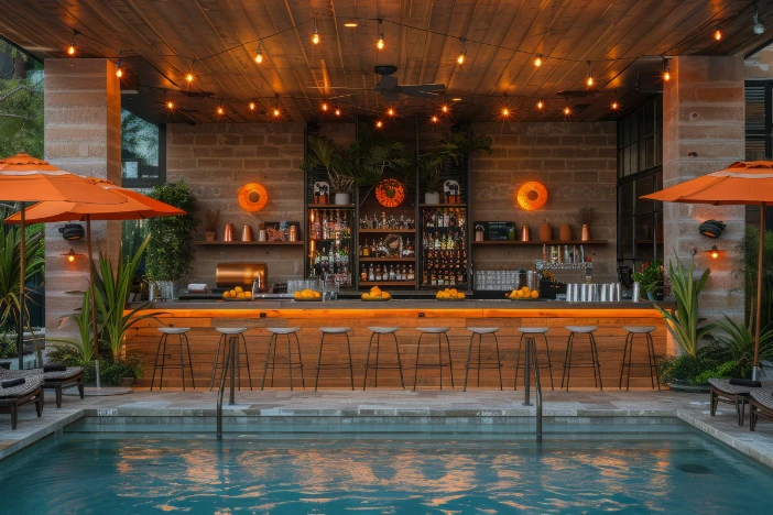 Wide stocked bar with stools near pool with orange canopy patio umbrellas