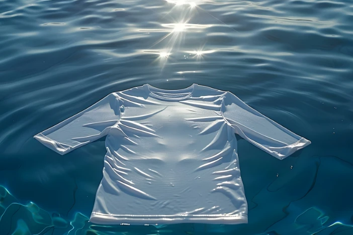 White long sleeve swim shirt floating on the water with sunlight reflections