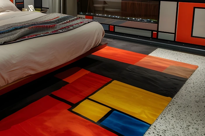 Colorful Frank Lloyd Wright style accent rug on carpet
