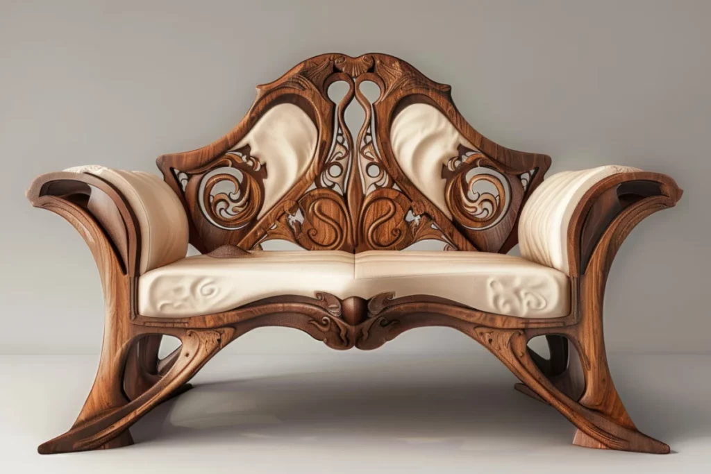 Warm woodgrain loveseat with curvaceous bowed design, intricate organic carvings and fitted ivory upholstery