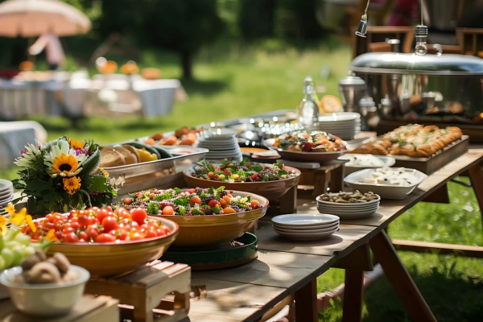 Outdoor wooden table with bowls of fresh vegetable and plates of other foods