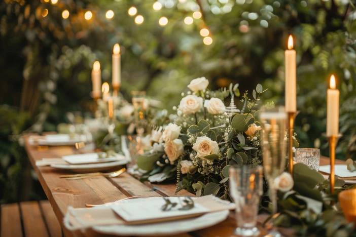 Wooden outdoor dining table with white floral centerpieces and thin candles