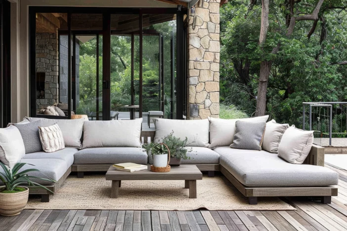 Tan outdoor rug under a deep low-profile sectional sofa with light neutral cushions on a hardwood deck