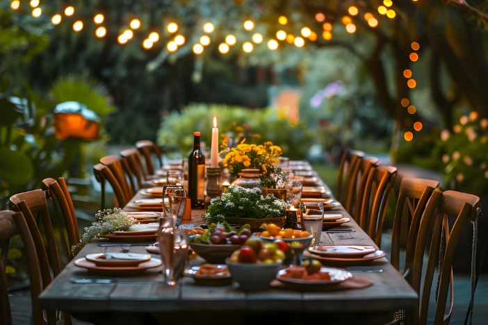 Long outdoor dining table with place settings and chairs for many guests