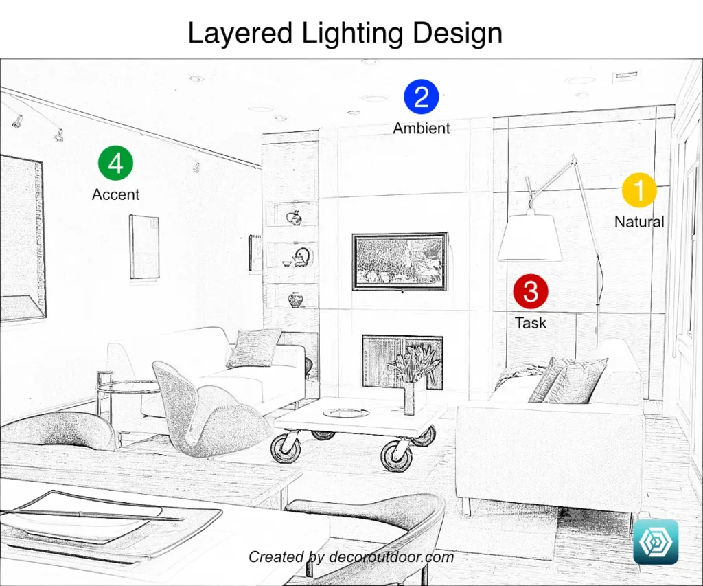 Line drawing of a living room noting examples of natural, ambient, task and accent lighting