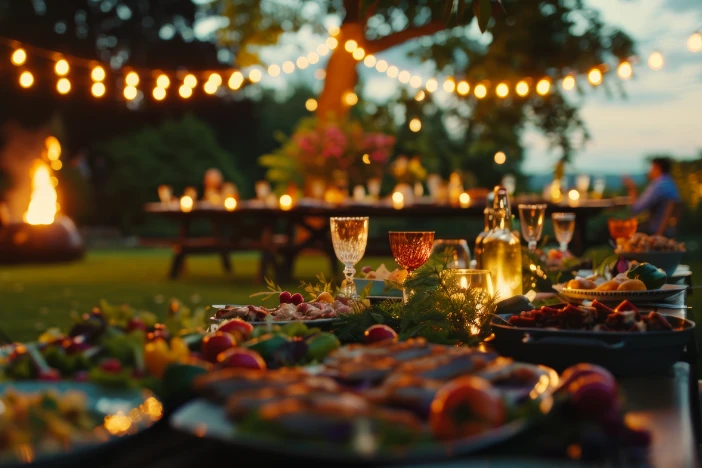 Backyard buffet and dining tables, a fire pit and strung lights with dinner guests