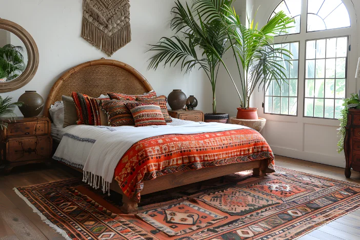 Colorful Southwestern style area rug beneath a wide wooden bed with complementary throw pillows and comforter