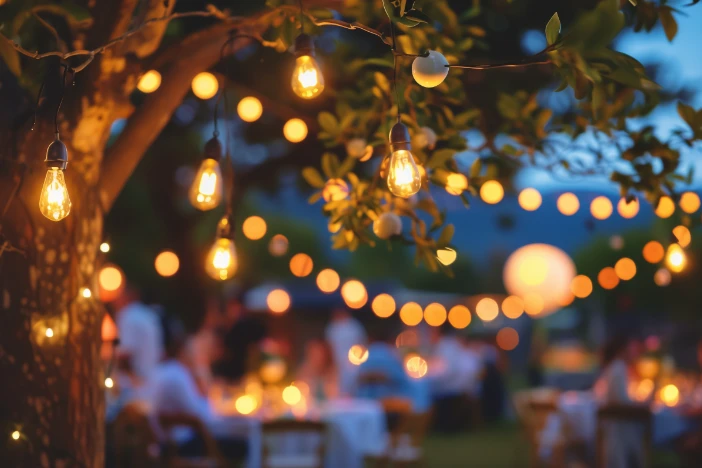 String lighting hanging from tree branches with dinner guests in the background