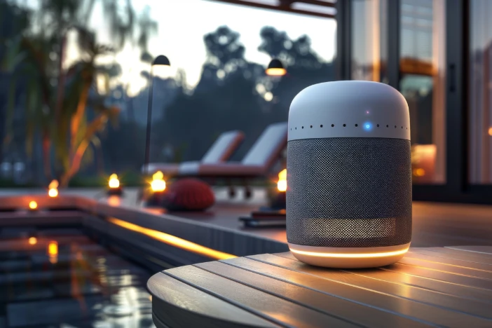 Modern cylindrical Bluetooth speaker sitting on round wooden table near pool