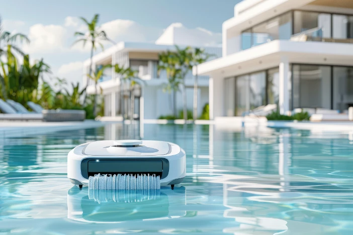 White robotic pool cleaner in the water near two-story modern homes with floor-to-ceiling windows