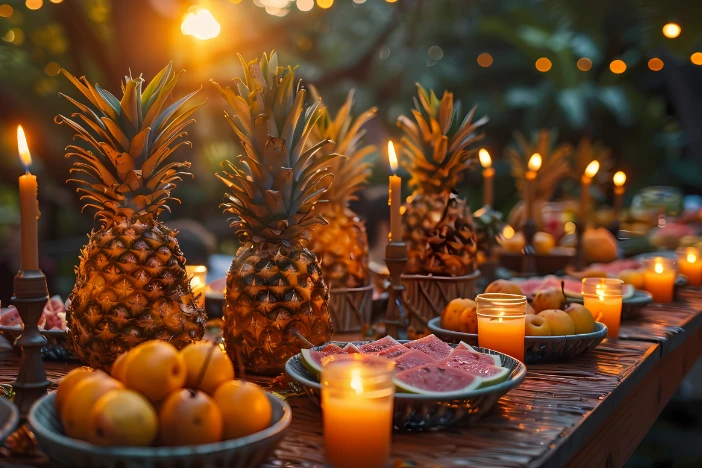 Outdoor table setting with pineapples, plates with watermelon and candles