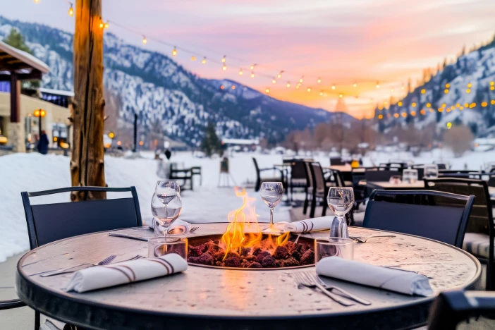 Round fire pit table with dining chairs and place settings on a patio in winter