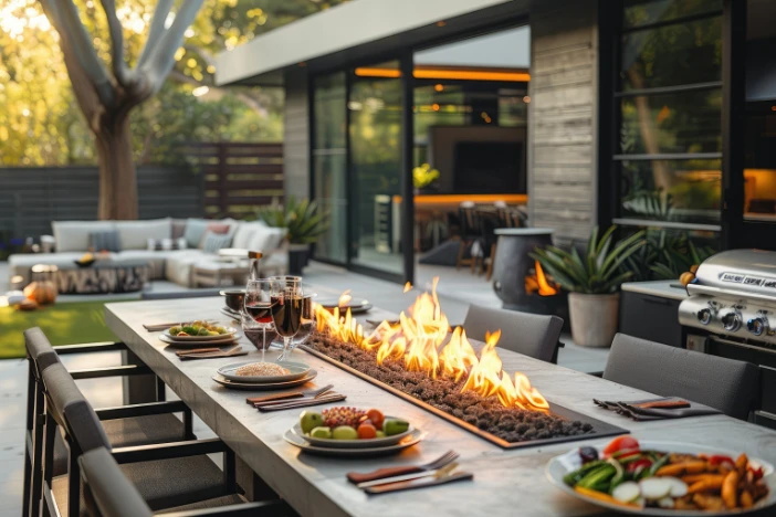 Long fire pit table with dining chairs and place settings with food and wine on a backyard patio