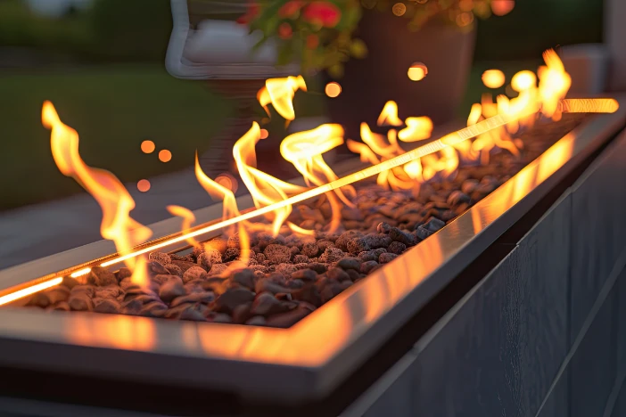 Close-up of a gas burner and orange frame on a dark grey fire pit table