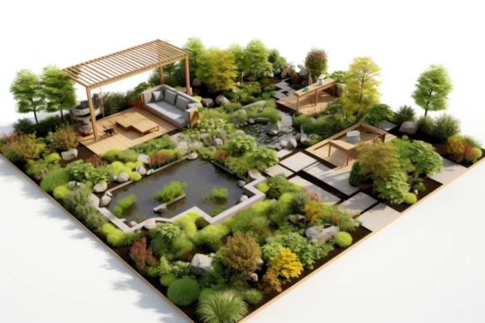 3D garden landscape mock-up with miniature trees, shrubs, pergola, furniture, decks and paths