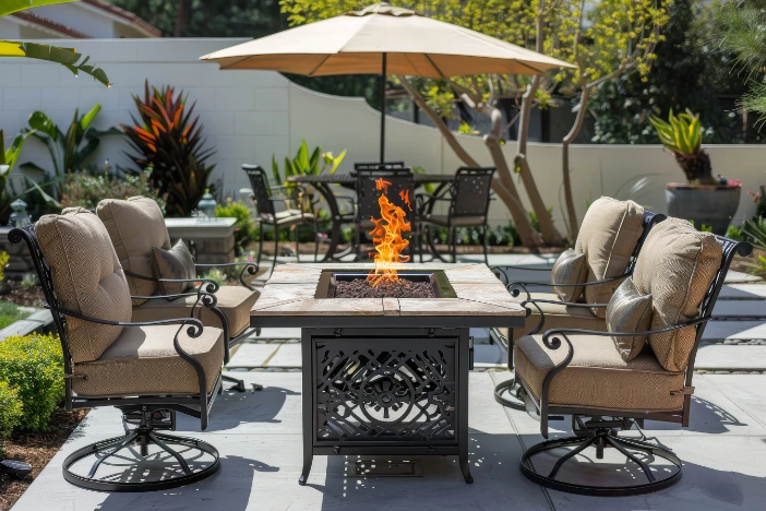 Traditional brown aluminum fire pit table with stone top surrounded by plush outdoor lounge chair on a large patio