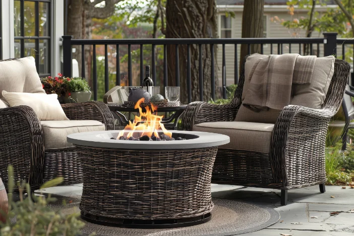 Dark brown wicker fire pit table and coordinating lounge chairs with light taupe cushions on a porch