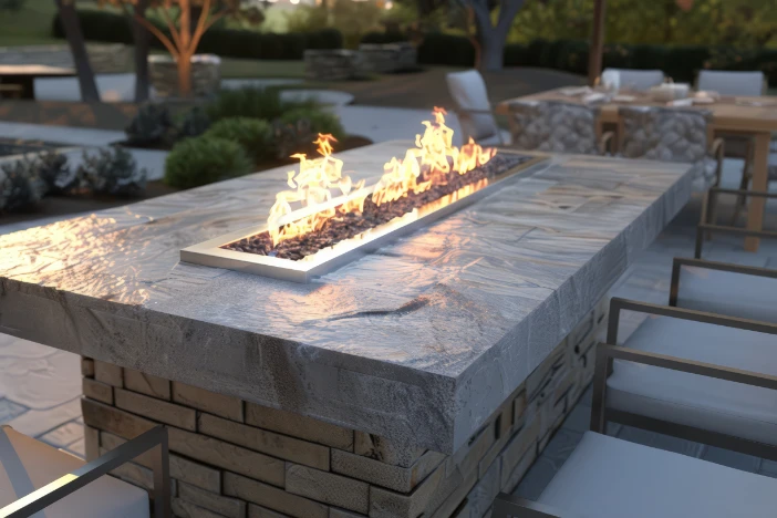 Built-in rectangular fire pit table with brick base and stone top on a patio