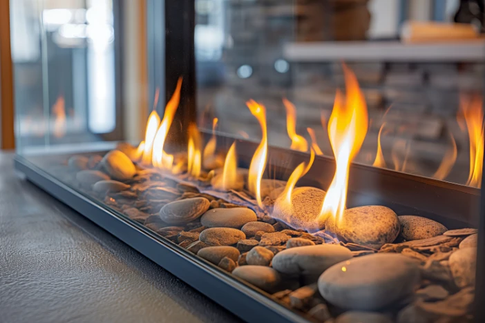 Close-up of gas-burning fireplace insert with double-sided glass walls and river rocks around the burner