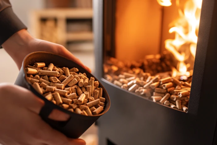 Hands with round tin of compressed wood pellets being pouring into a black fireplace insert