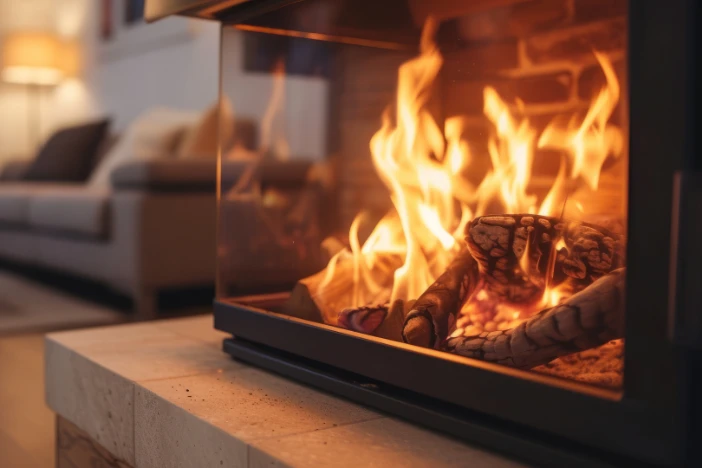 Wood-burning fireplace insert with glass pane in the brick wall of a living room