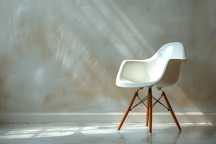 White plastic abstract chair with wooden dowel legs in a room with sunlight