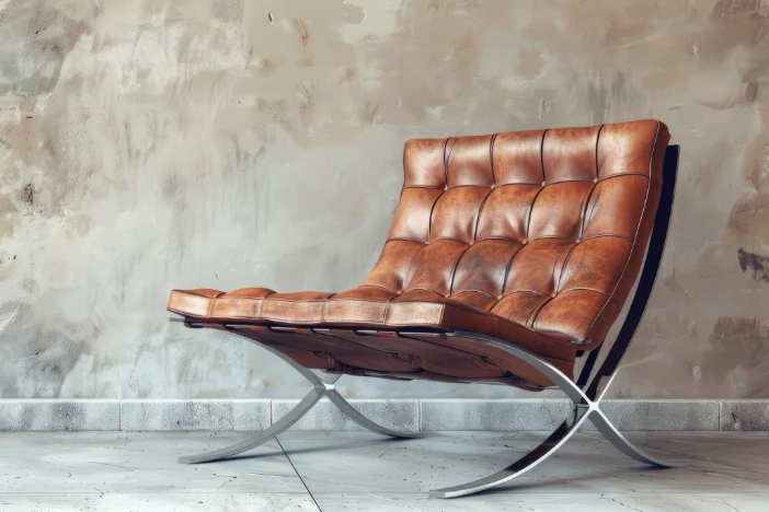 Mid-Century Modern lounge chair with stainless steel x-shaped frame and tufted caramel brown leather seat and back cushions