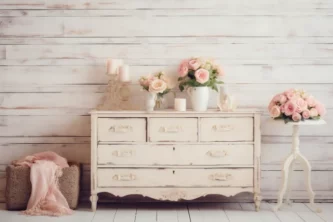 Weathered white shabby chic wooden dresser and side table with vases of pink flowers