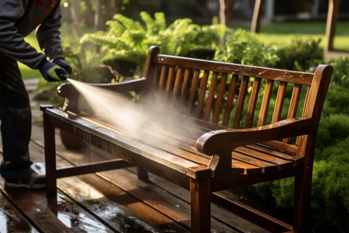 Person spraying water on a wooden garden bench outdoors