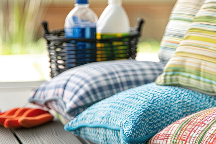 Assorted patio accent pillows with basket of cleaning products and orange rubber glove