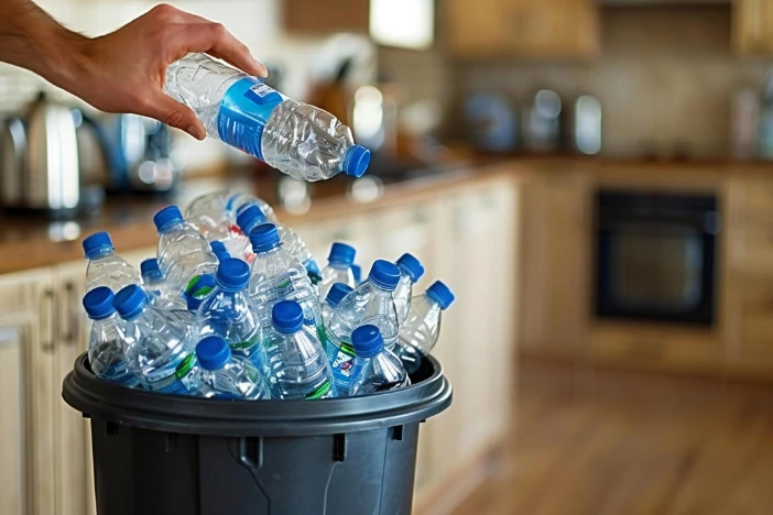 Recycling bin filled with clear plastic bottles with blue caps