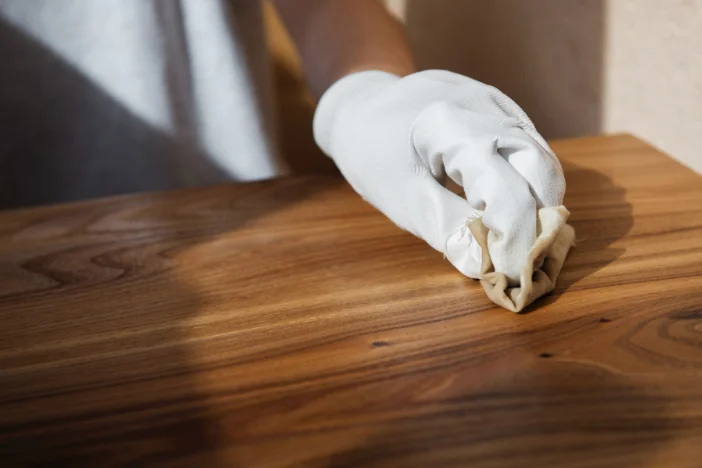 Person wearing a white rubber glove applying oil to a wooden tabletop using a small cloth