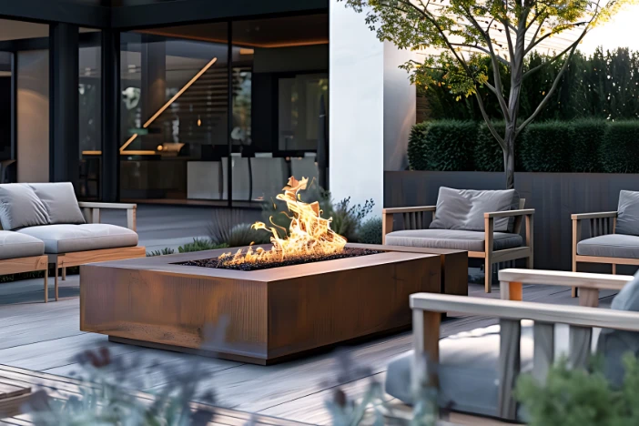 Large rectangular metal fire pit table with oxidized finish surrounded by modern outdoor lounge seating with grey cushions on a deck