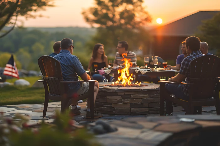 Friends and family gathered around round fire pit on a stone patio in a large clearing at sunset