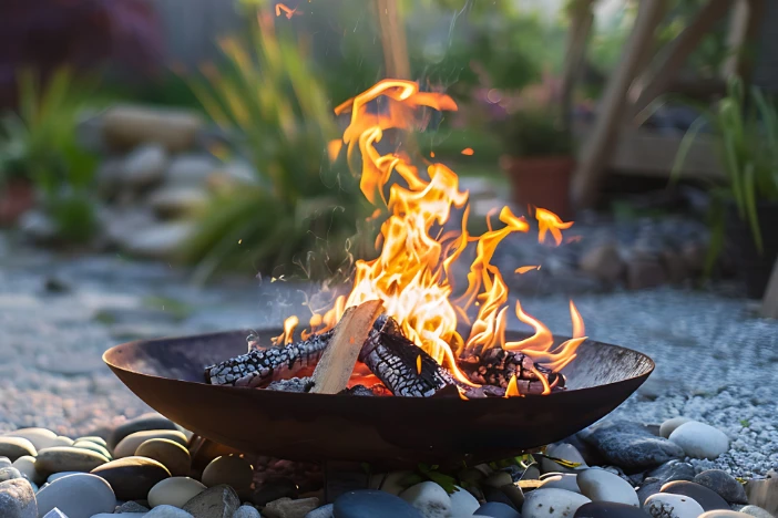 Wood-burning metal fire pit bowl surrounded by river rocks in a garden