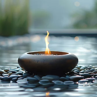 Dark brown concrete fire pit bowl with small flame on river rocks surrounded by water