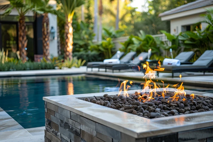 Square concrete gas firepit beside backyard pool and sun loungers