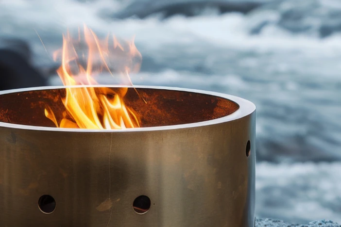 Cylindrical stainless steel fire pit with air holes in the side near a river