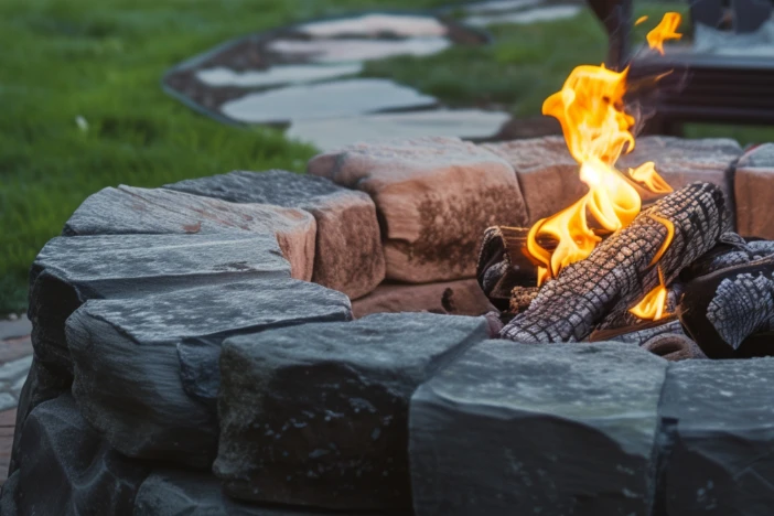 Round fire pit made of shaped grey stones with a wood burning fire in a backyard