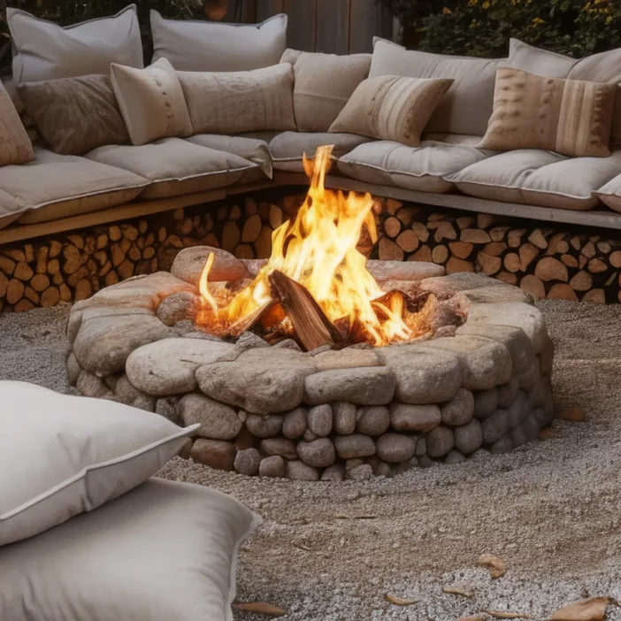 Circular wood-burning stone fire pit surrounded by sectional seating with light taupe cushions and firewood stored beneath