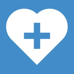 White heart icon with cross on blue background