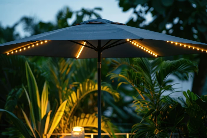 Center pole outdoor umbrella with black canopy and LED lights at dusk in a tropical setting