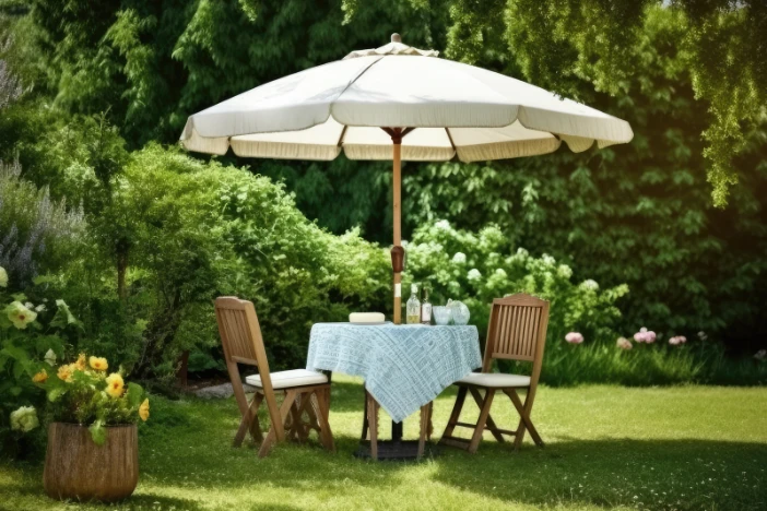 Wooden market umbrella with a cream-colored canopy with valances through garden table