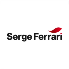 Black Serge Ferrari text with a red swoosh and dot above the last letter