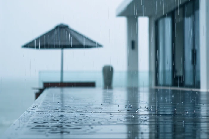 Raindrops hitting a deck on a grey day with a patio umbrella and sliding glass doors in the background