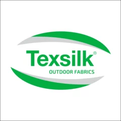 Bright green and grey curves around Texsilk Outdoor Fabrics text