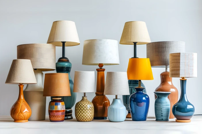 Colorful variety of ceramic table and floor lamps with shades