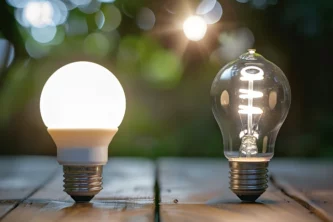 Lit LED and incandescent light bulbs standing side by side on a hardwood deck